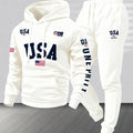 Men'S USA Flag Print Hoodie & Sweatpants Two-Piece Set - White with Red, White & Blue Design, Comfortable Warm Casual Streetwear Outfit, Regular Fit, Long Sleeve
