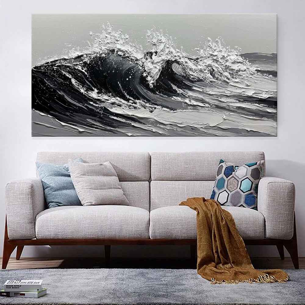 Large Gray And White Seawaves Seascape Oil Painting On Canvas Handmade Black Texture Knife Thick Wall Art For Home Living Room Decor Mural