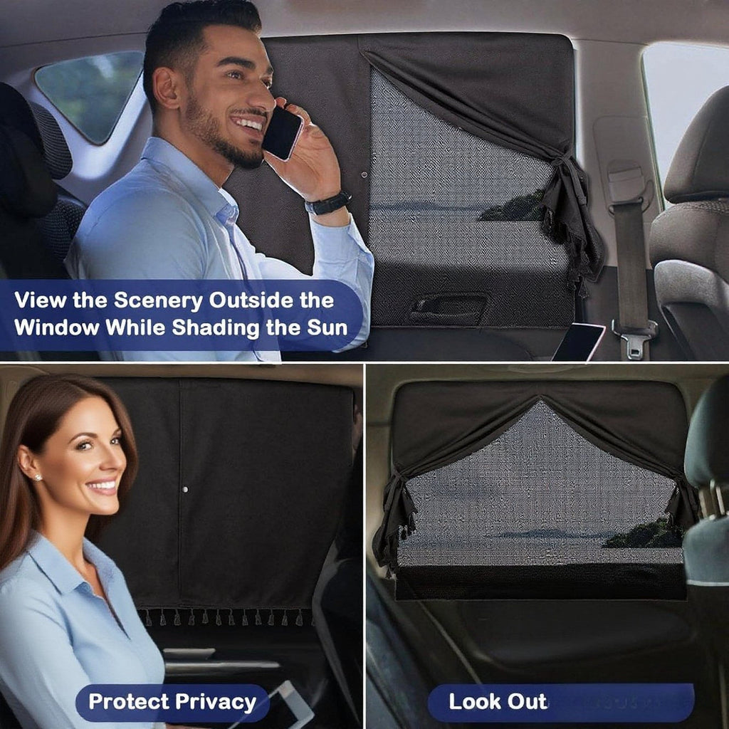 [Magnetic Car Window Shades] 2-Layer Magnetic Car Window Shades - Mesh & Blackout Fabric, Tassel Design for Side/Back Windows - Block UV Rays Privacy Curtain