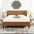 Aspen Vertical Tufted Modern Headboard Platform Bed Set, Queen, Caramel Tan Brown Faux Leather