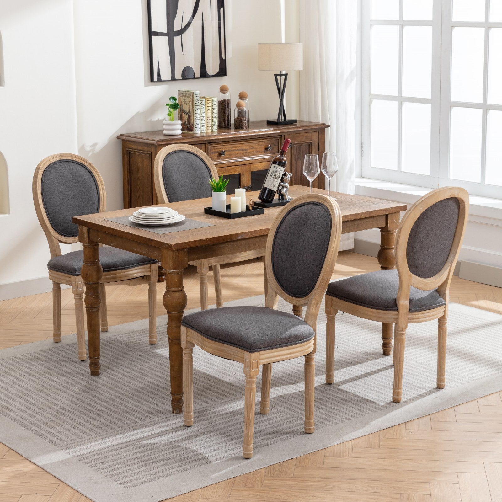 French Style Solid Wood Frame Antique Linen Dining Chair, Set of 2