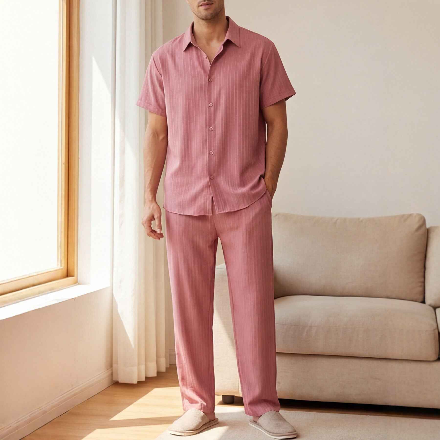 Men's Striped Short-Sleeve Pants Loungewear Set