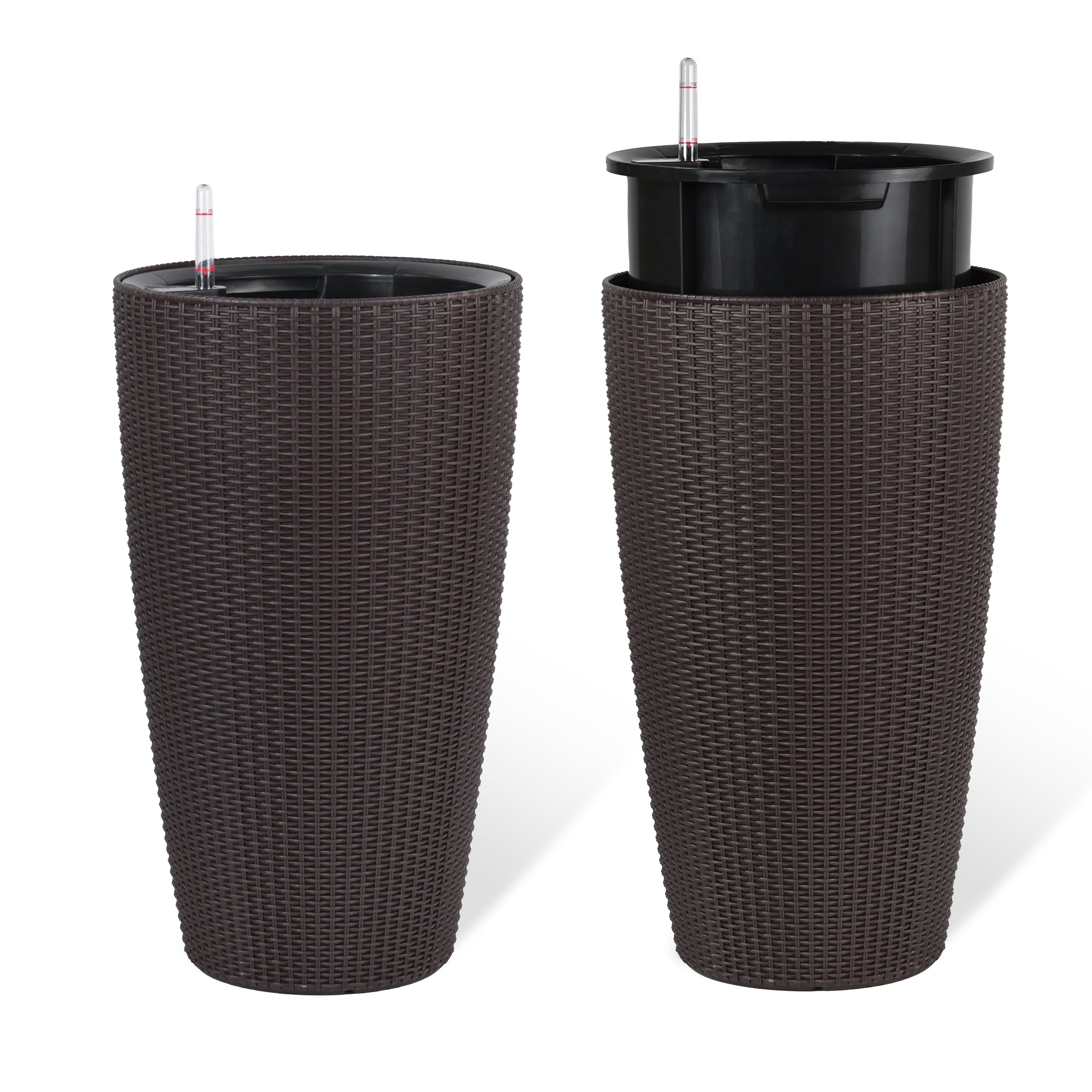 Set of 2 Faux Rattan Tall Planters with Automatic Watering