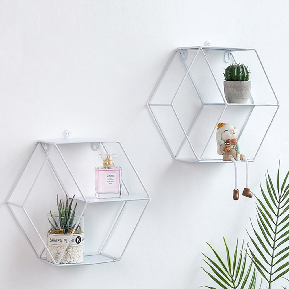 Hexagon Metal Wall Shelf - 3-Tier Industrial Iron Geometric Floating Storage Rack