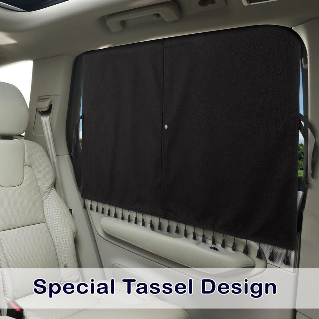[Magnetic Car Window Shades] 2-Layer Magnetic Car Window Shades - Mesh & Blackout Fabric, Tassel Design for Side/Back Windows - Block UV Rays Privacy Curtain