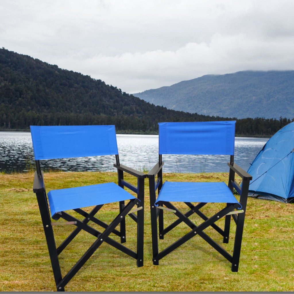 Folding Wooden Director Chairs with Blue Canvas (Set of 2)