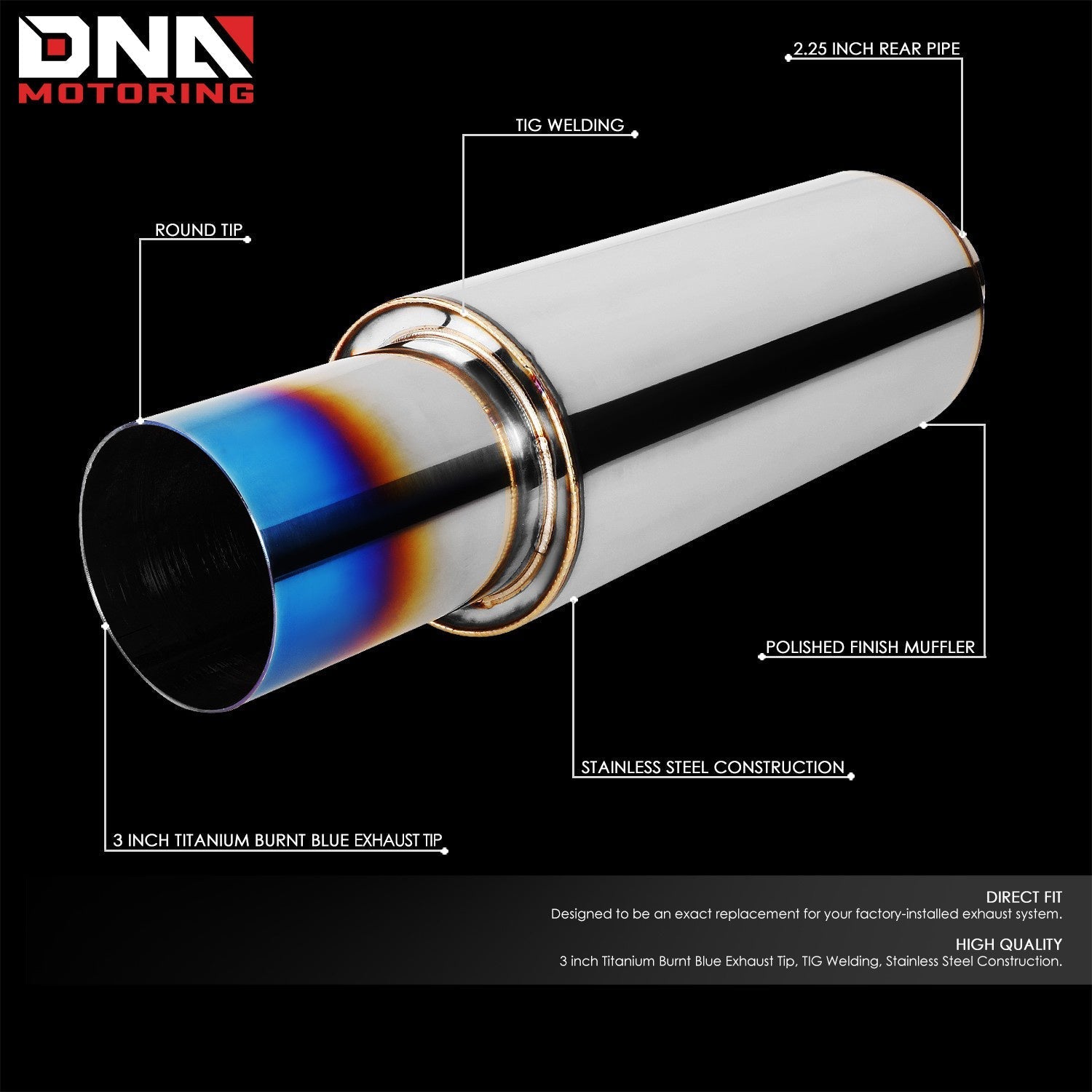 DNA MOTORING Stainless Steel Straight-Through Exhaust Muffler