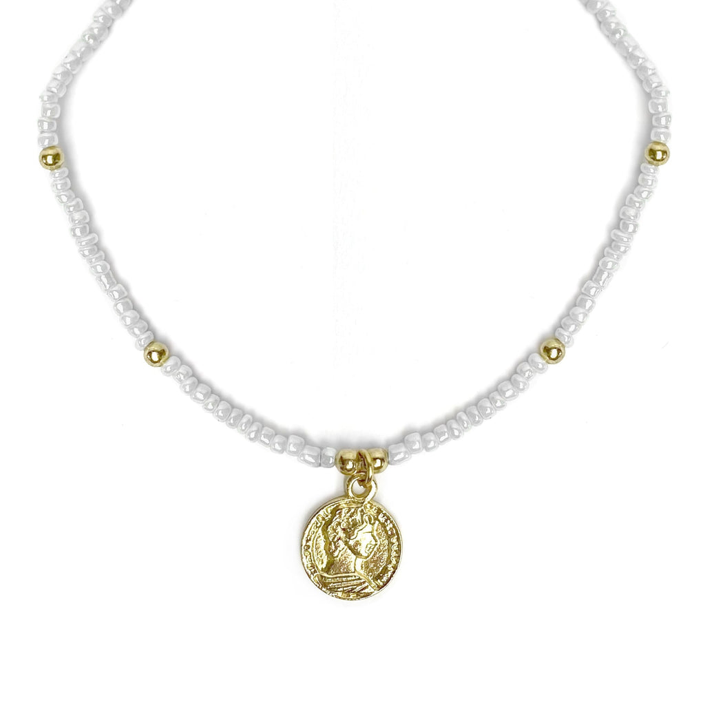 White Glass Bead Choker with Brass Coin Pendant
