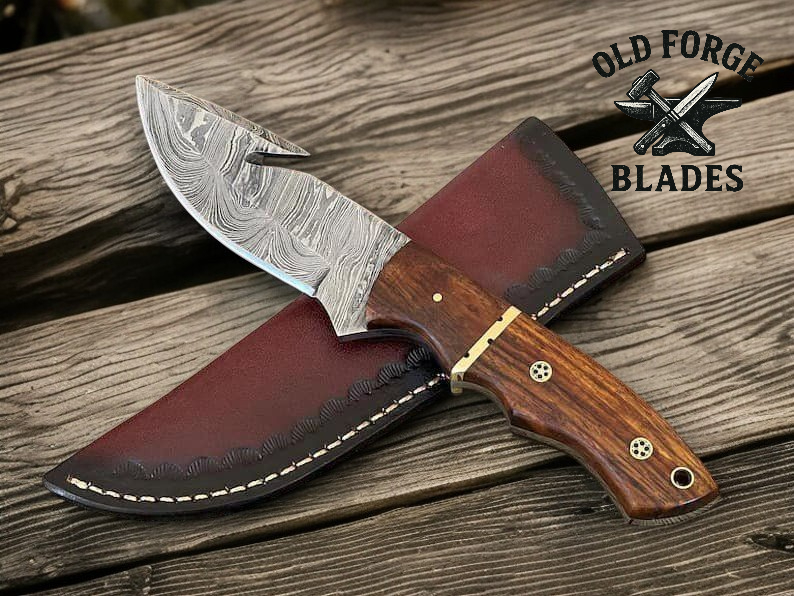 Custom Handmade Damascus Metal Knife – Gut Hook