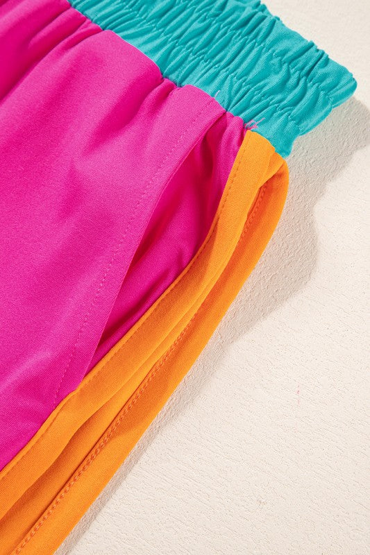 Colorblock Short Sleeve Top & Wide Leg Pants Set