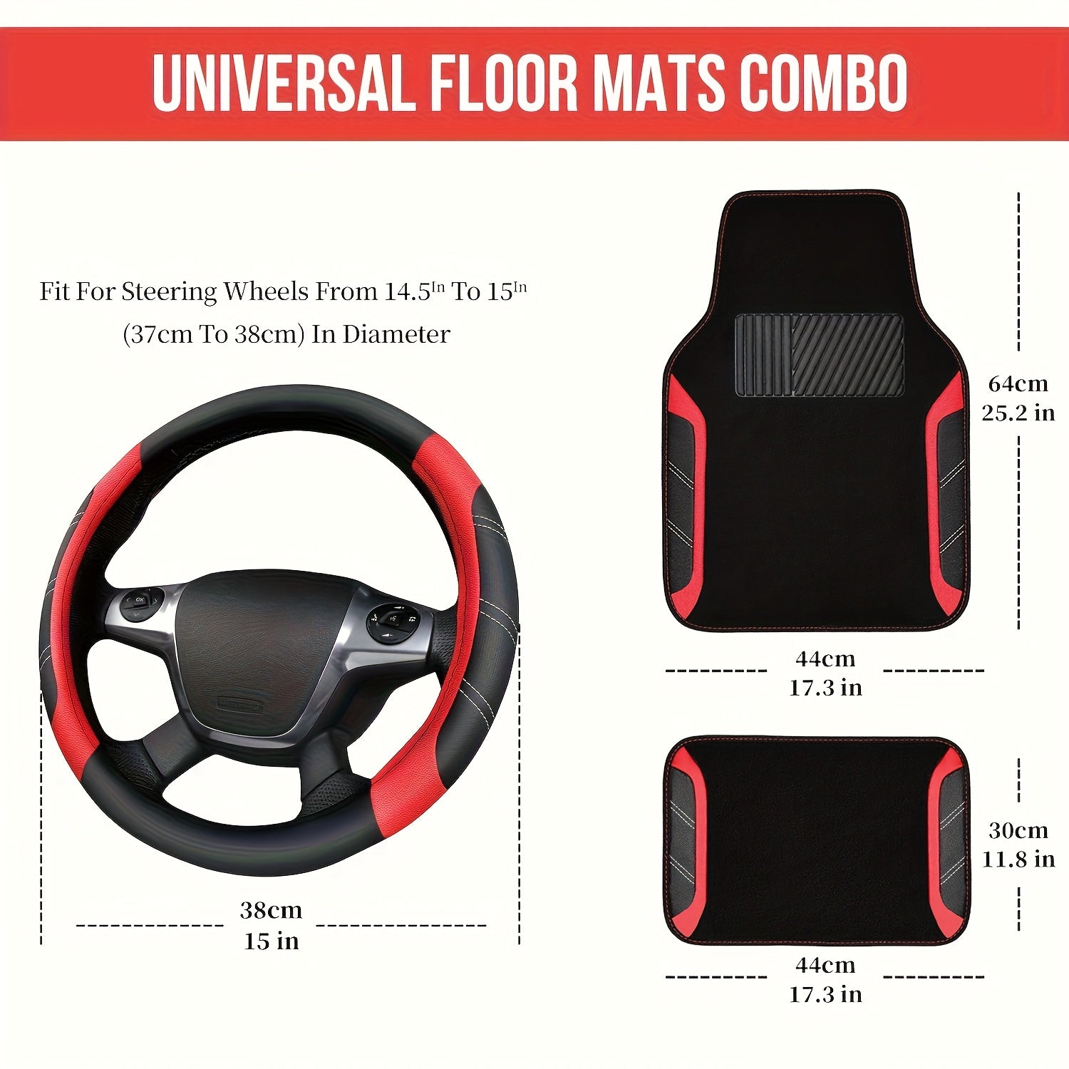 Steering Wheel Cover And Waterproof Car Floor Mats, Microfiber Universal Car Combo Fit for 95% Sedan, SUV, Cars, 14.5-15inch Sporty Anti-Slip Safety Comfortable Design