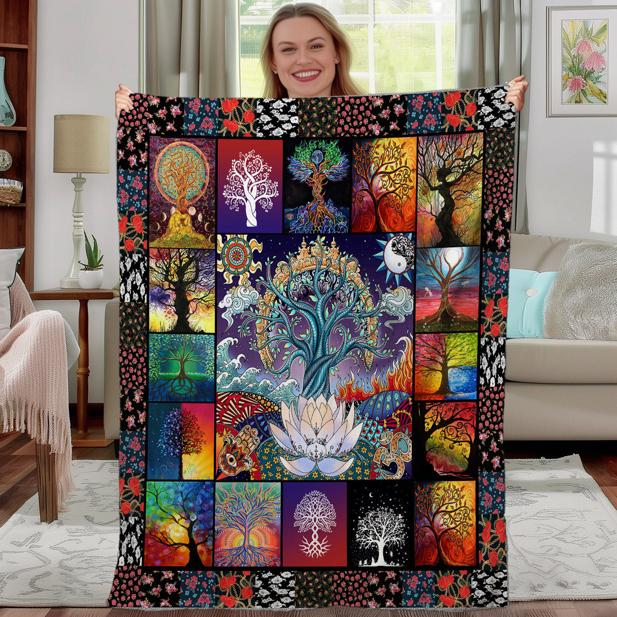 1 Pce Of Flannel With Various Lotus Tree Patterns, Soft And Fluffy, Multifunctional Outdoor Beach Camping, Living Room Sofa, Office Nap, Printed Blanket