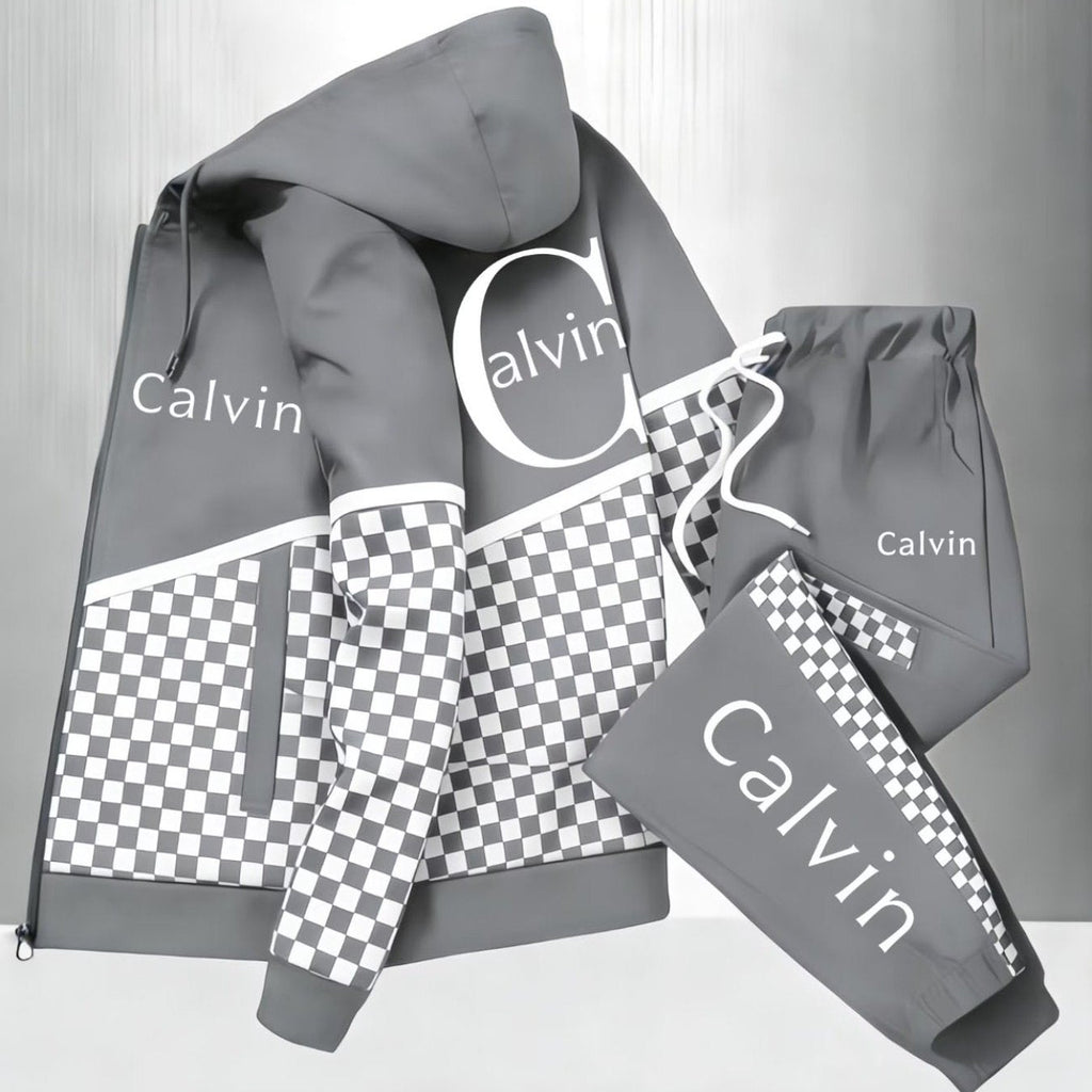 Men'S Hooded Tracksuit with Checkerboard Pattern and Calvin Letter Print | Casual Street Style, Non-Stretch Fabric, Geometric Pattern, Zipper Detail, Regular Fit for Spring/Fall