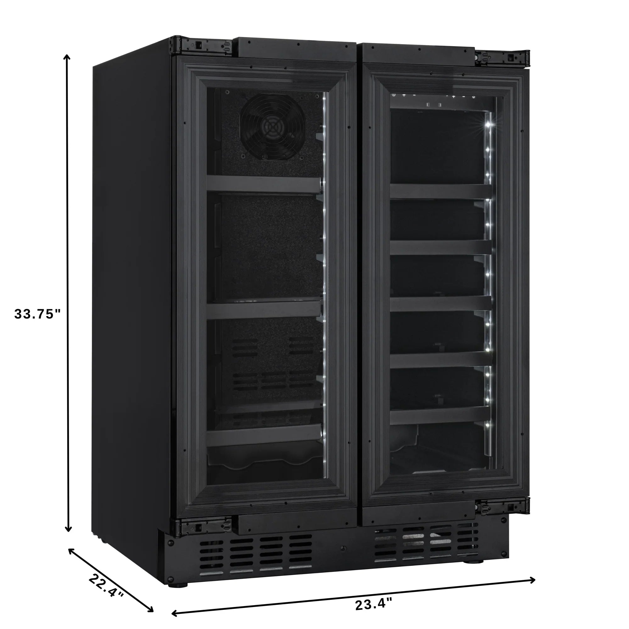KoolMore Reserve 24 in. French Door Dual Zone Panel Ready Under-Counter Cooler and 20 Bottle Capacity in the Right Zone and 2.1 Cu. Ft. on the Left in Black
