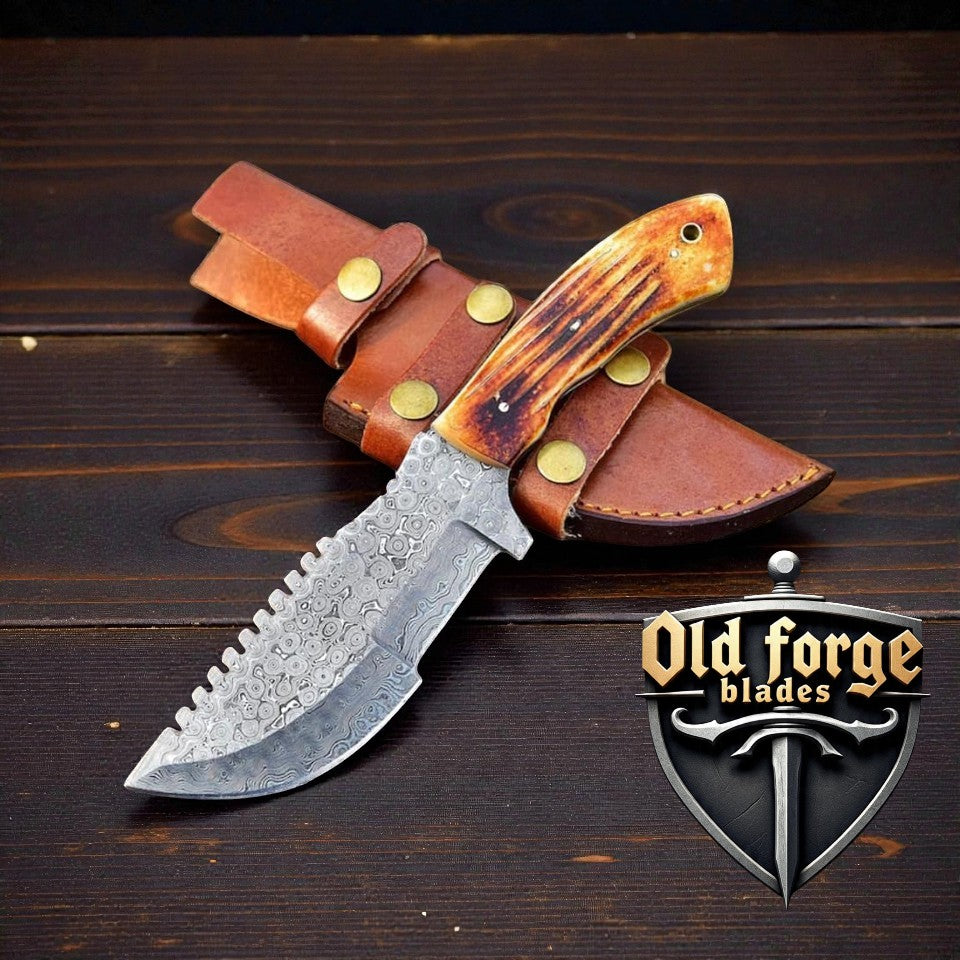 Best Damascus Knives Made in USA – 10” Handmade Tracker Knife with Bone Handle