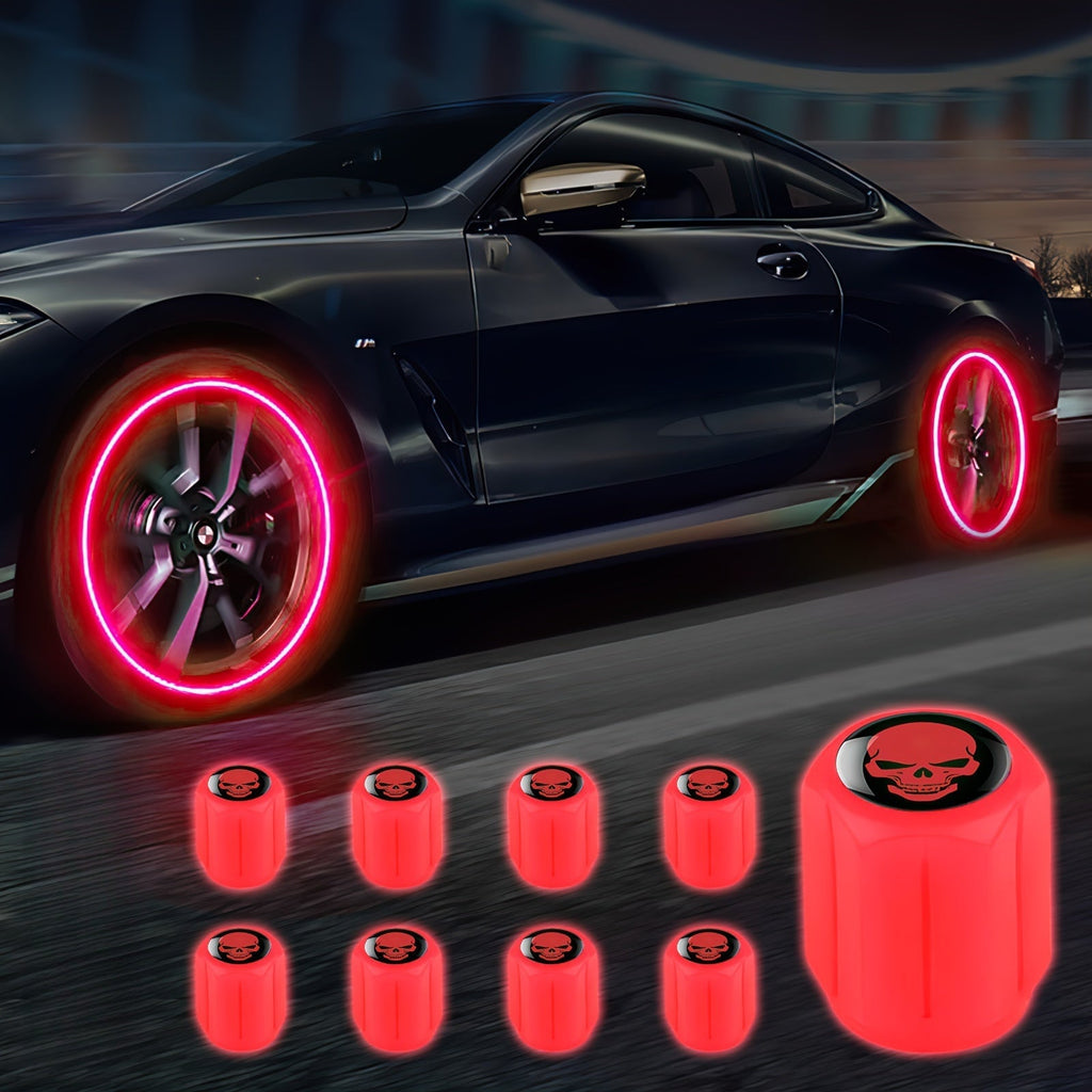 A Collection of Four Glowing Tire Valve Caps Designed to Stop Air from Escaping, Ideal for Vehicles Like Cars, Bikes, And Trucks, Adding a Fashionable Touch