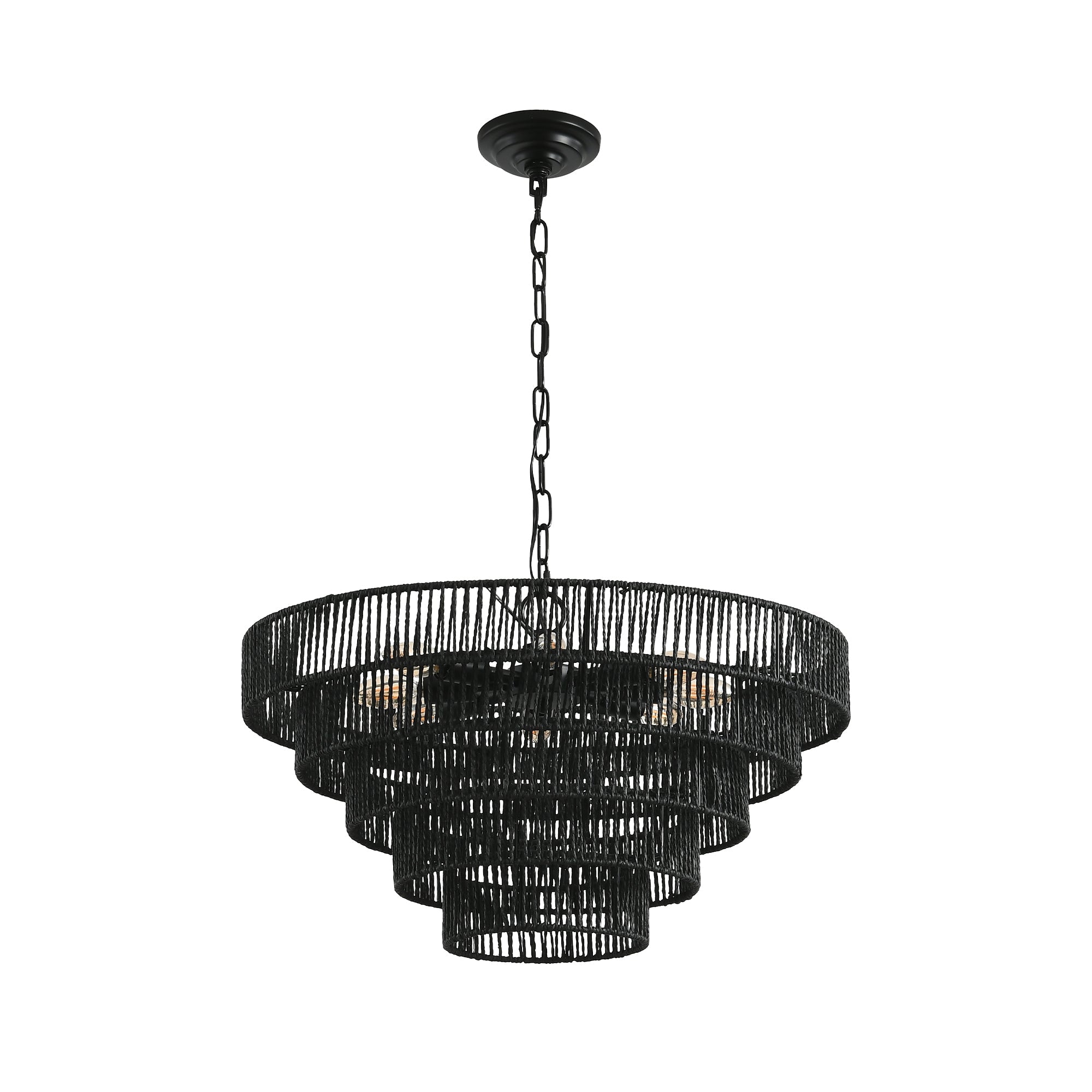 24" Rustic 5-Tier Black Hemp Rope Pendant Light Chandelier