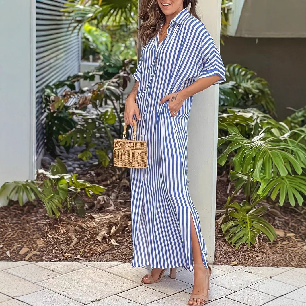 Elegant Casual Striped Shirt Dress - Lightweight 3/4 Sleeve Midi Dress