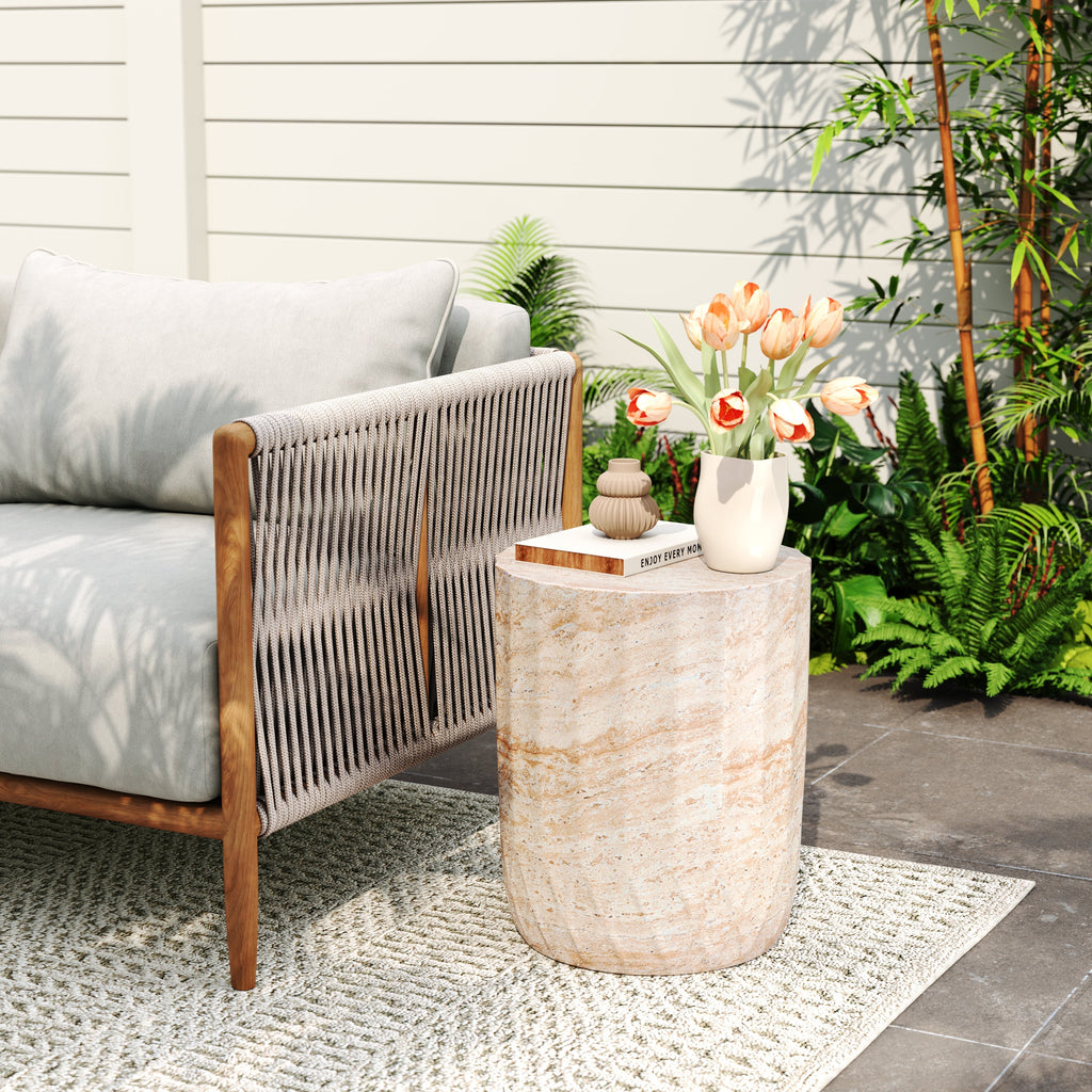Elegant Indoor/Outdoor Lightweight Concrete Cylinder Side Table with Travertine Finish