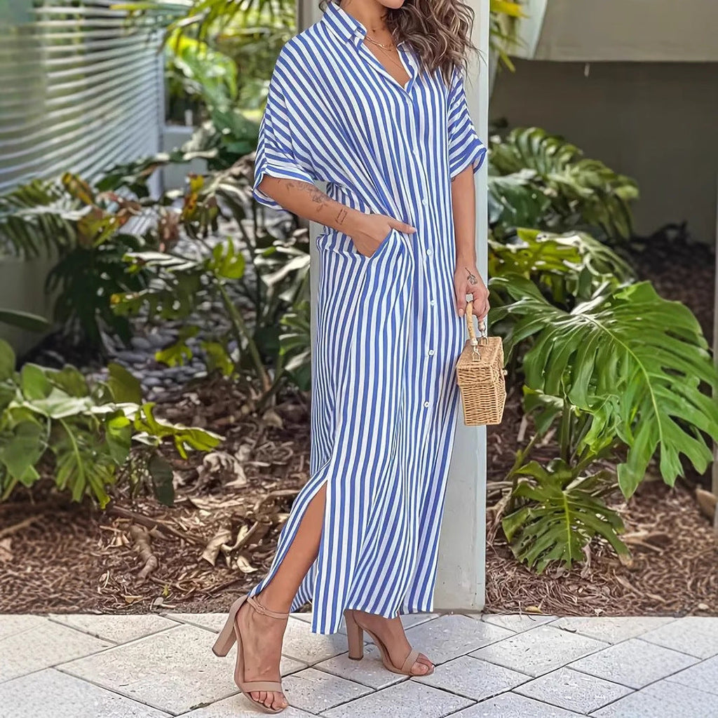 Elegant Casual Striped Shirt Dress - Lightweight 3/4 Sleeve Midi Dress