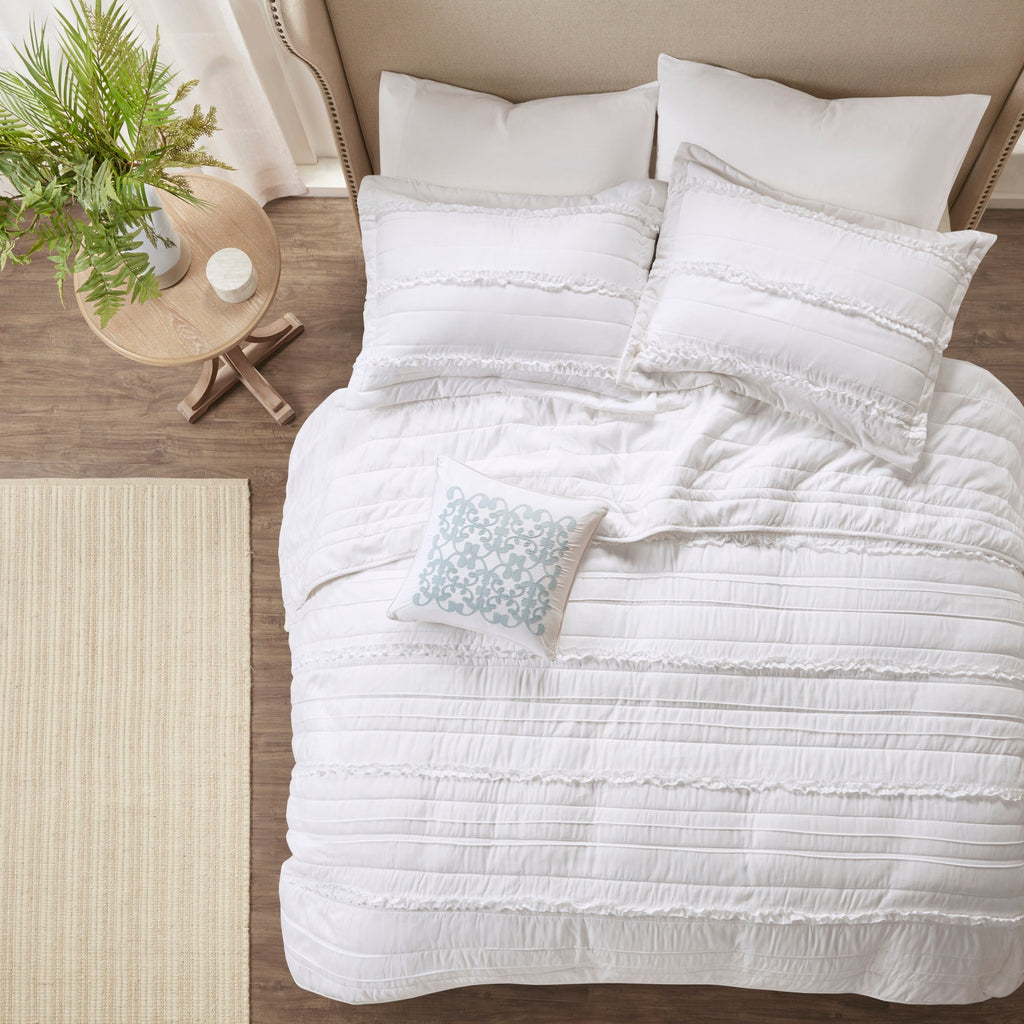 4 Piece Reversible Ruffle Quilt Set with Throw Pillow White King/Cal King