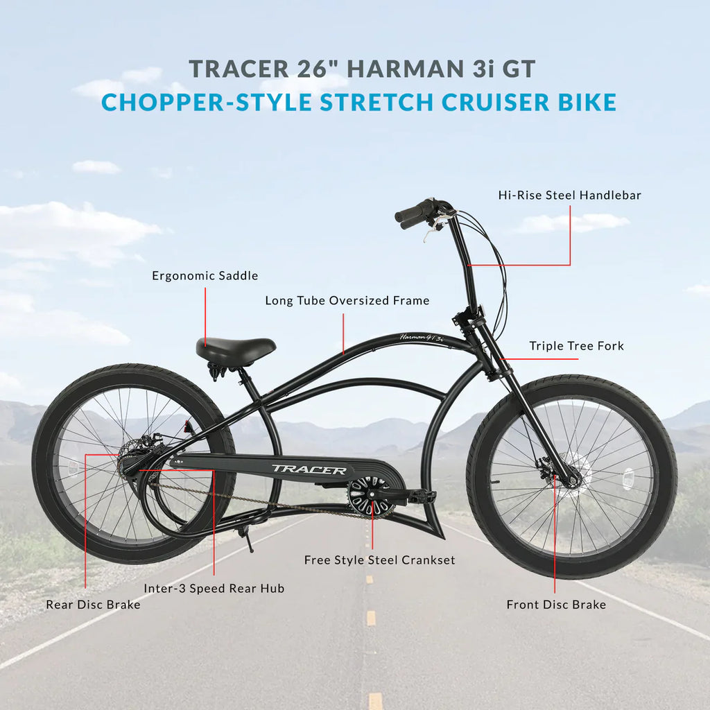 Tracer Harman 3i 26'' Vintage Internal 3-Speed Chopper Stretch Fat Tire Bike