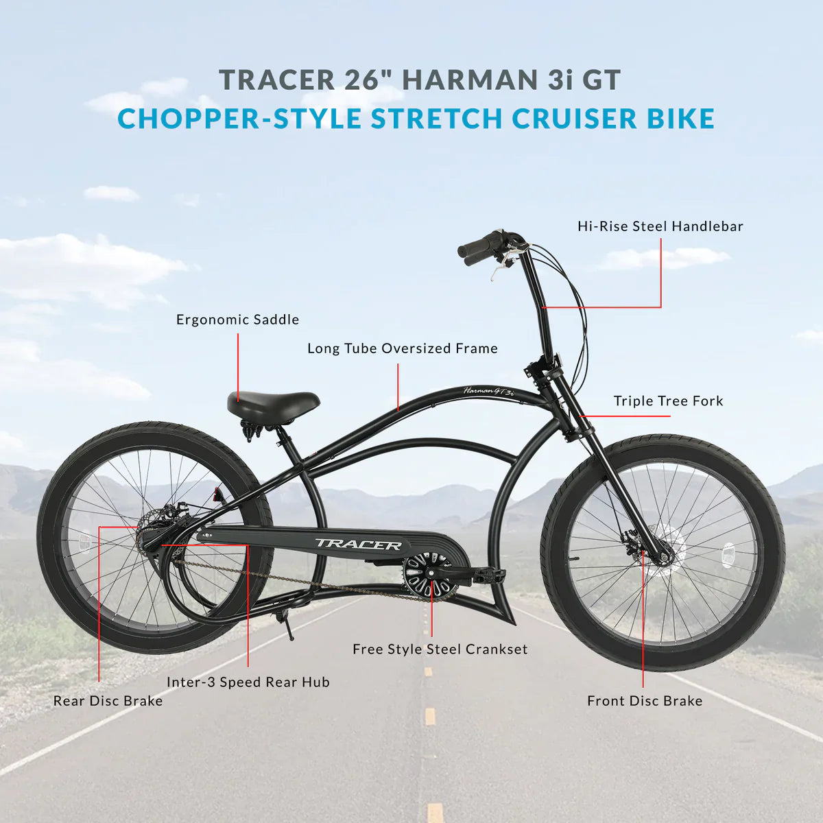 Tracer Harman 3i 26'' Vintage Internal 3-Speed Chopper Stretch Fat Tire Bike