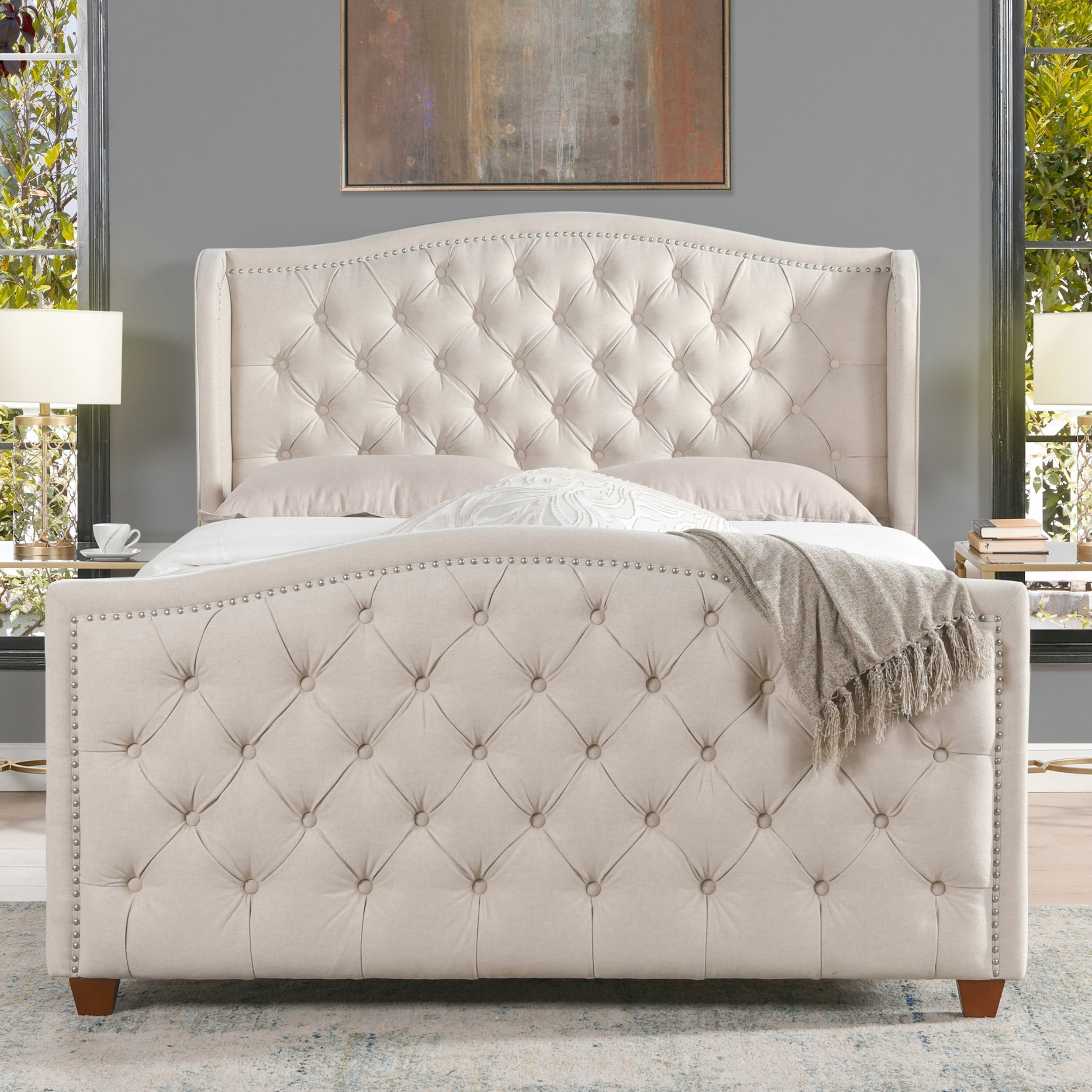 Marcella Upholstered Shelter Headboard Bed Set, Queen, Sky Neutral Beige Polyester