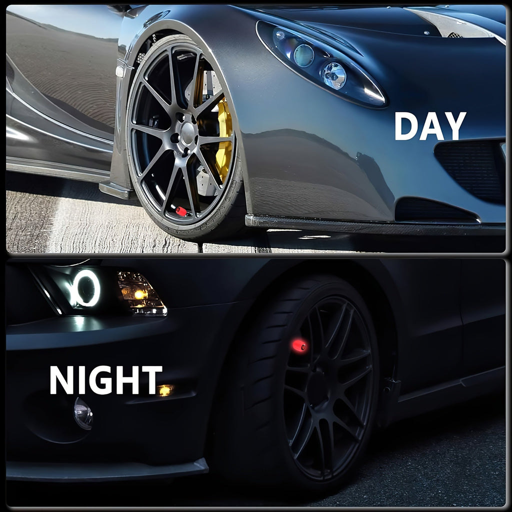A Collection of Four Glowing Tire Valve Caps Designed to Stop Air from Escaping, Ideal for Vehicles Like Cars, Bikes, And Trucks, Adding a Fashionable Touch