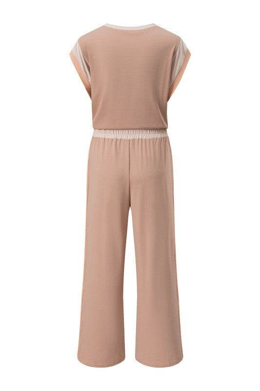 Colorblock Short Sleeve Top & Wide Leg Pants Set