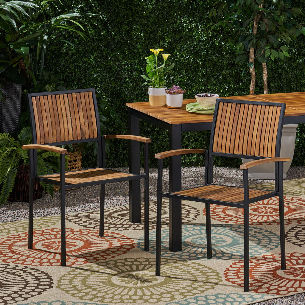 Vermilion Outdoor Dining Chair With Vertical Slat And Wooden Arm