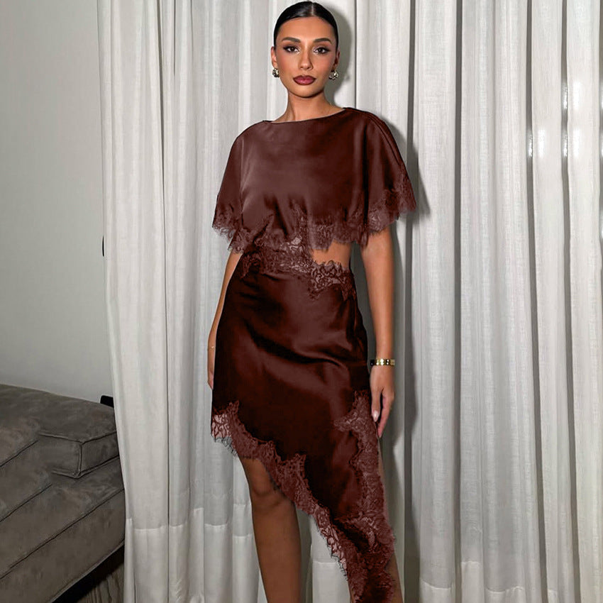Womens Brown Asymmetrical Lace Dress