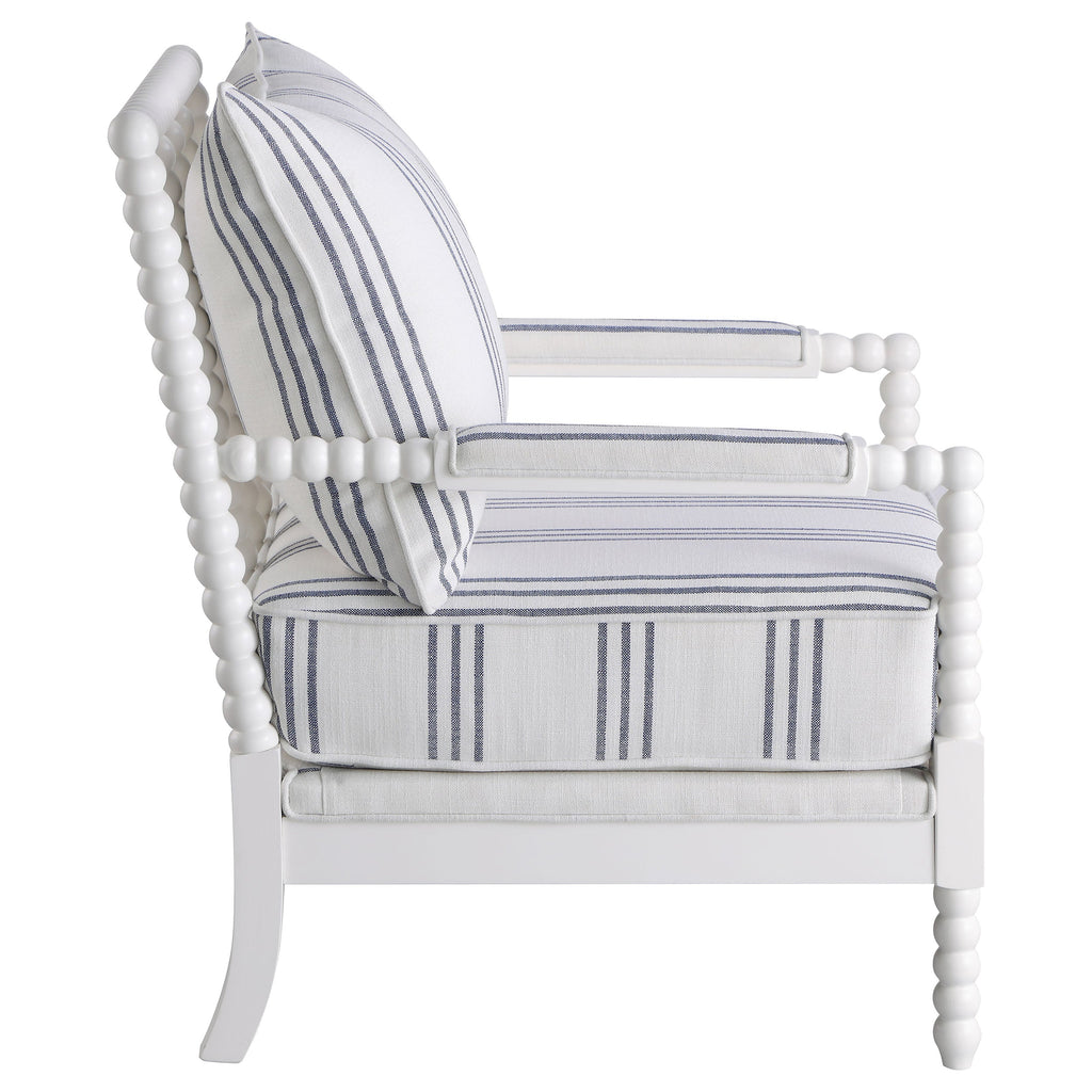 White and Navy Upholstered Stripe Accent Chair with Linen-Like Fabric