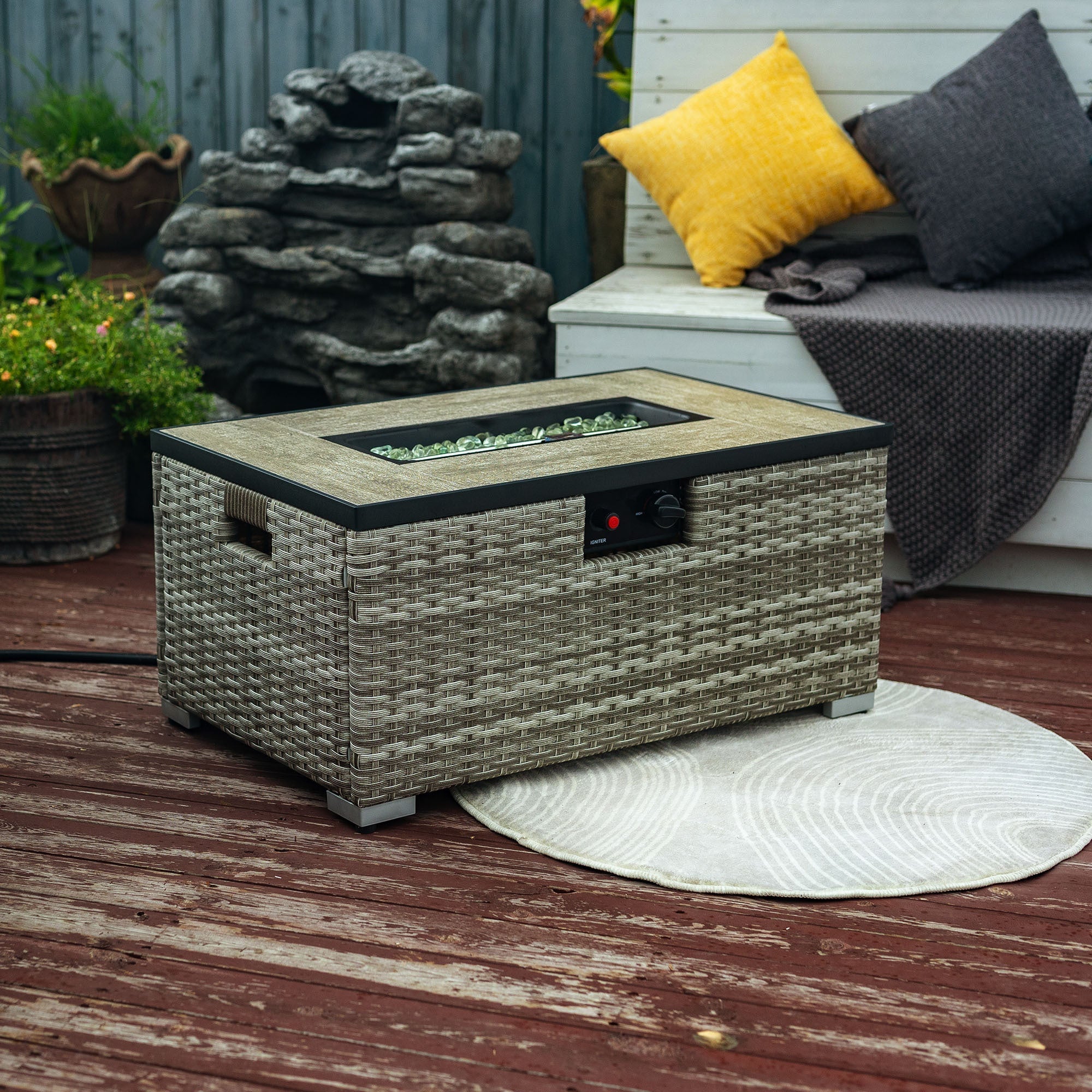 32' Propane Gas Fire Pit Table with Wicker Base and Propane Tank Cover