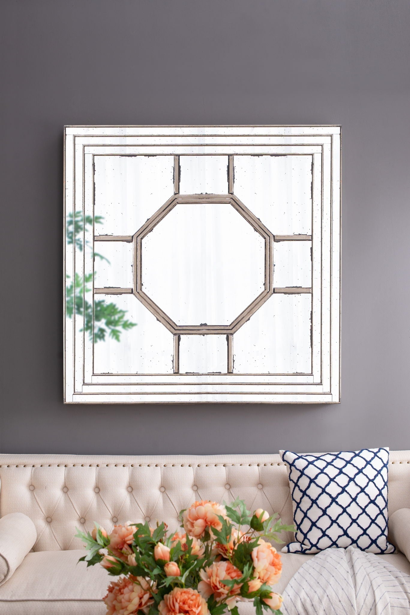 Antique Style Decorative Square Wall Mirror with Mirrored Frame