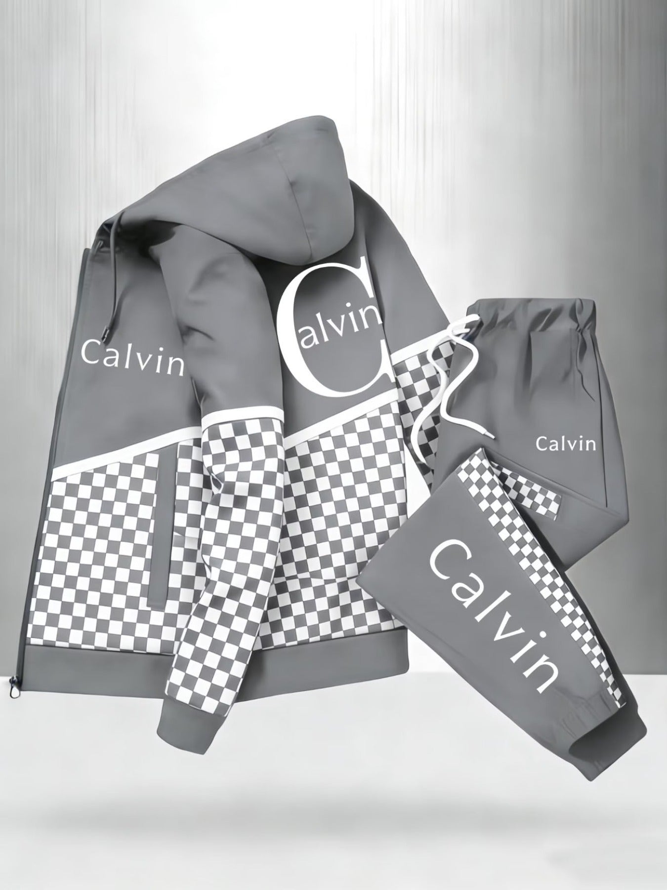 Men'S Hooded Tracksuit with Checkerboard Pattern and Calvin Letter Print | Casual Street Style, Non-Stretch Fabric, Geometric Pattern, Zipper Detail, Regular Fit for Spring/Fall