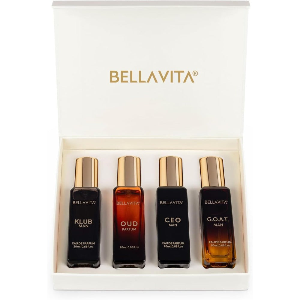 Bella Vita Luxury Long Lasting Perfume Gift Set for Man | 4x0.68oz | Gifts for Men | Woody, Citrusy, Oud, Premium Fragrance Scent | KLUB, OUD, CEO, G.O.A.T