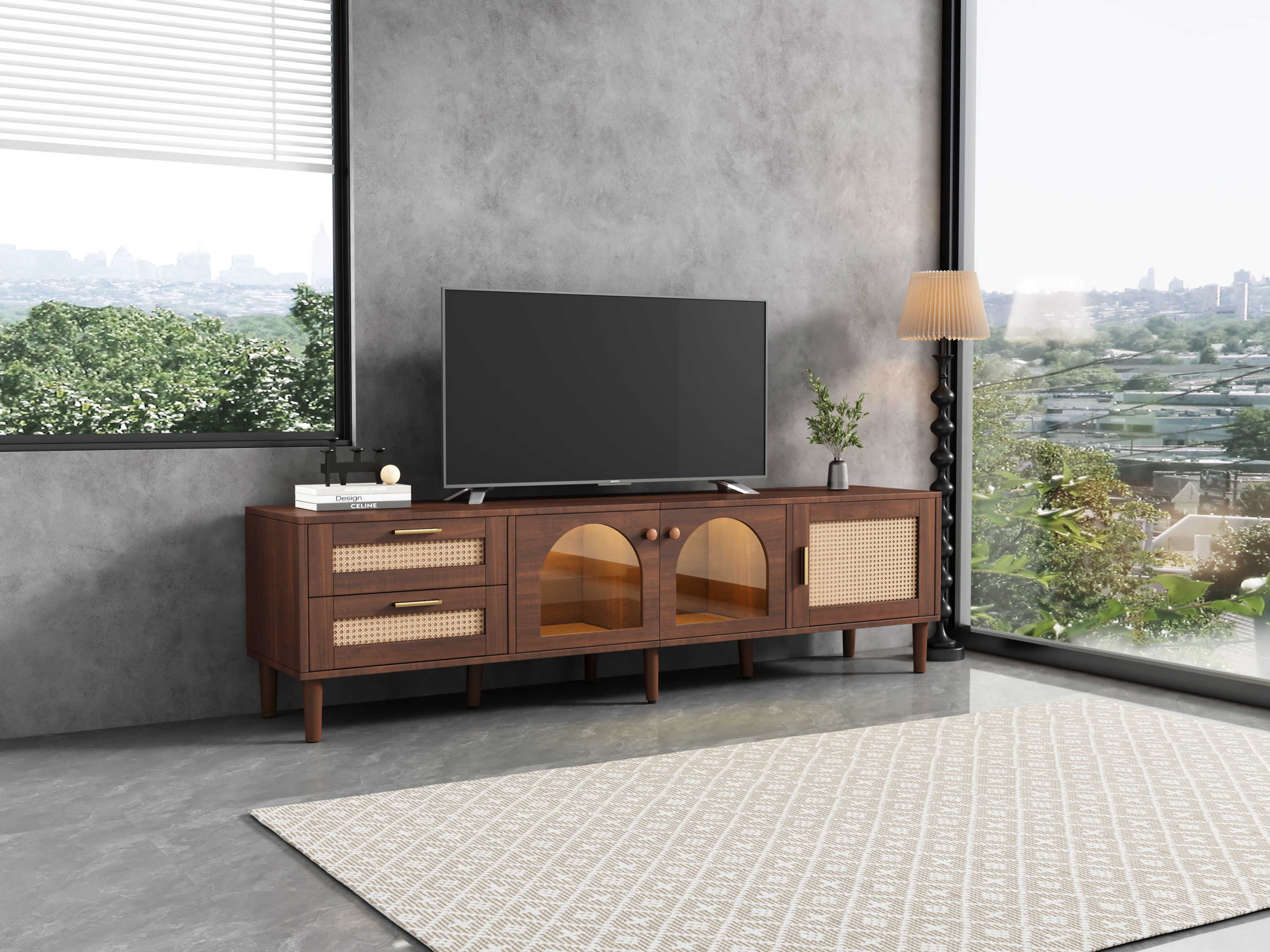 Rattan TV Stand with 3 Cabinets and 2 Drawers
