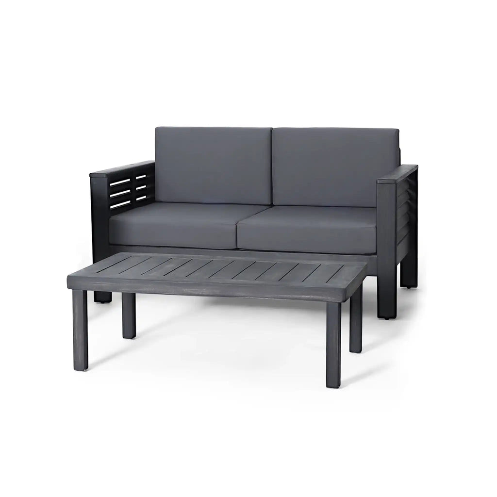 Acacia Wood Loveseat and Coffee Table Set with Cushions