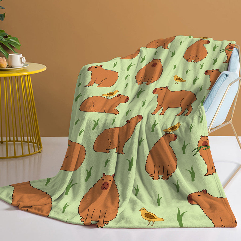 1 Pce Of Flannel Bird And Capybara Combined Pattern Soft And Fluffy Multifunctional Outdoor Beach Camping Living Room Sofa Office Nap Printed Blanket