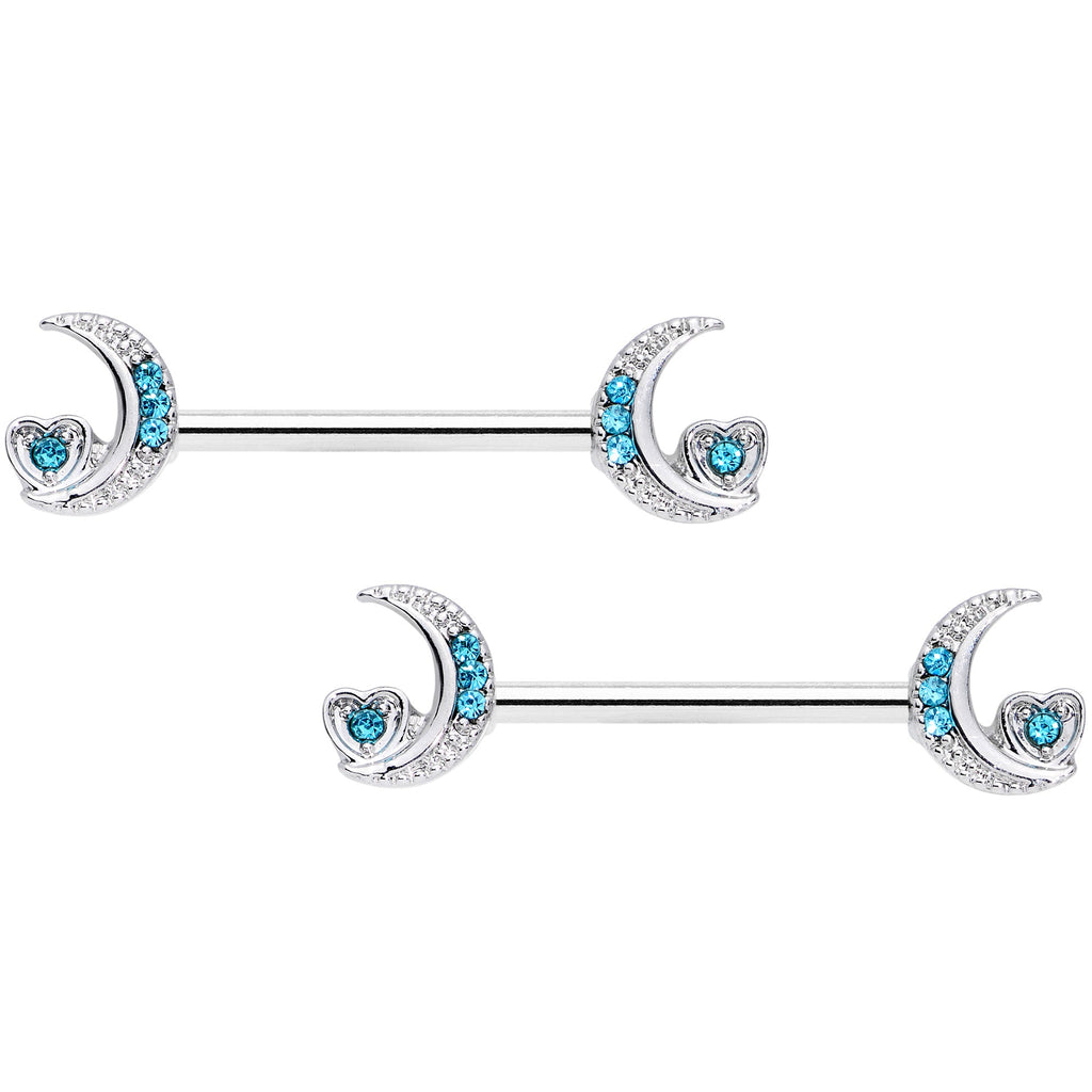 14G 9/16 Blue CZ Gem Crescent Moon Heart Barbell Nipple Ring Set