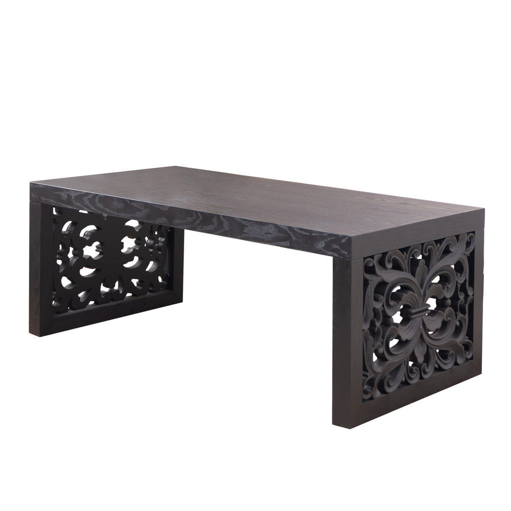 47.2" Solid Black Carved Wood Coffee Table – Handcrafted Look with Ornate Side Panels