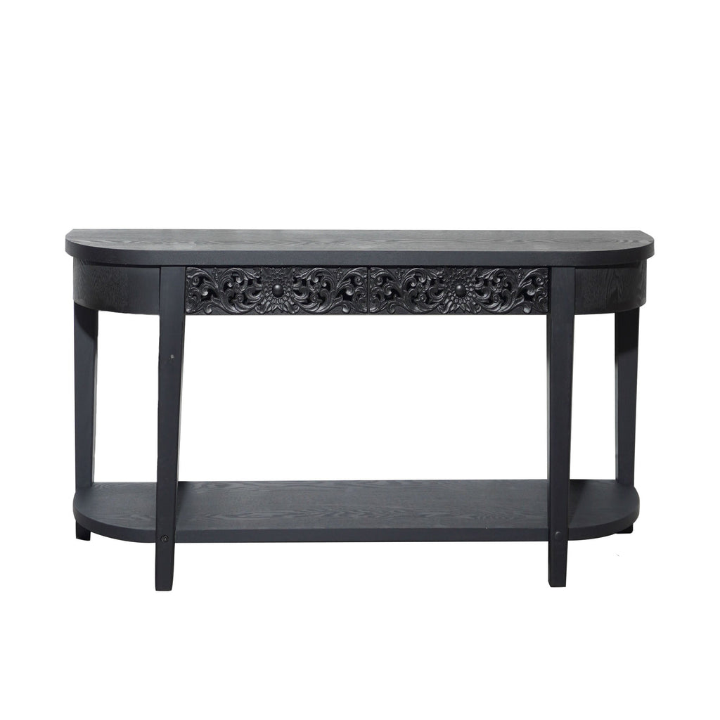 59.2in Black Carved Wooden Console Table with Lower Storage Shelf and Drawers