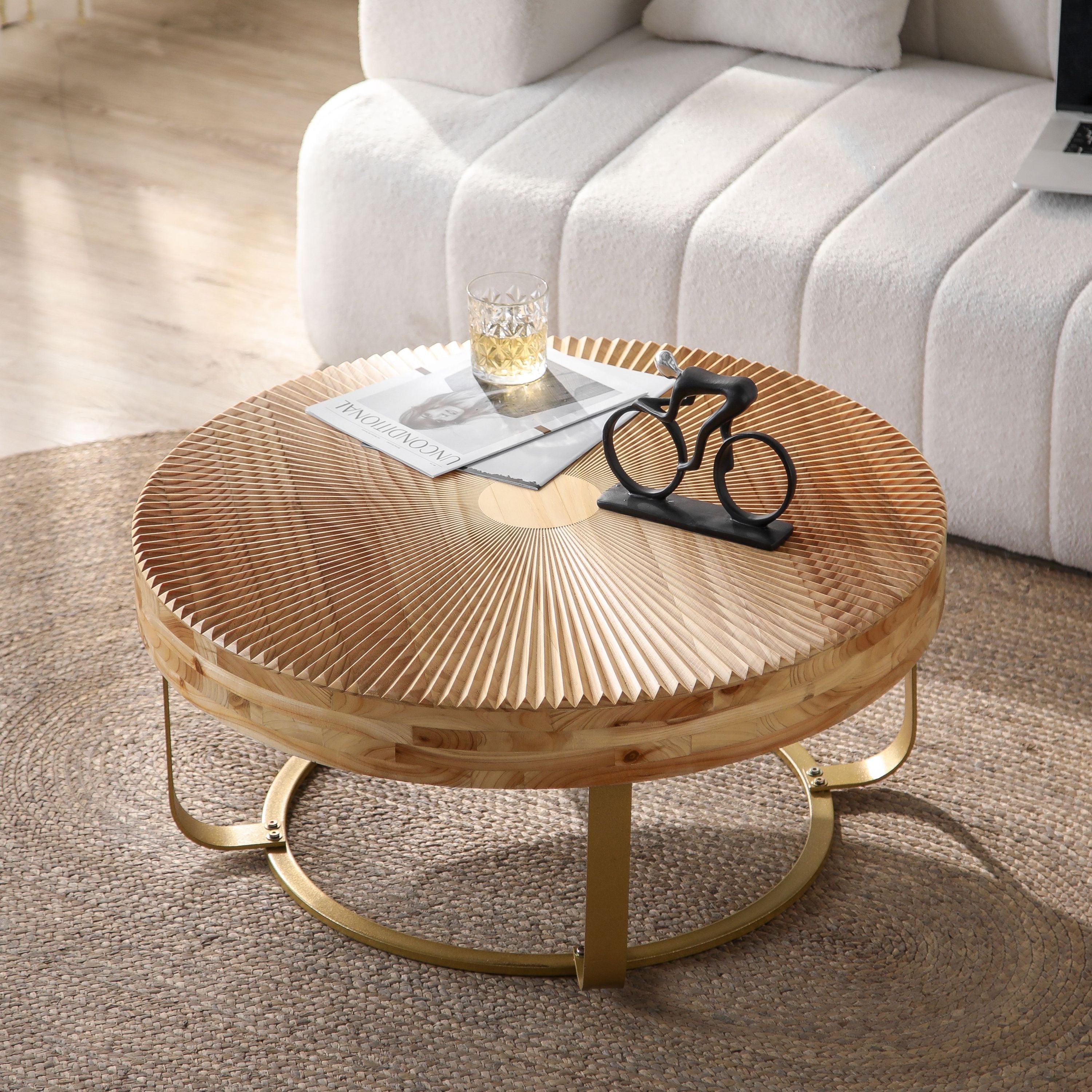 Modern Round Coffee Table with Wooden Carving Pattern and Metal Legs