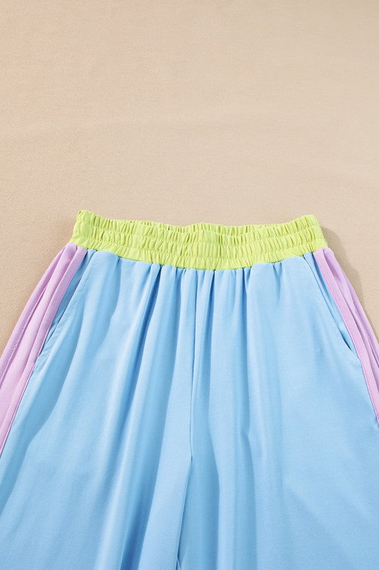Colorblock Short Sleeve Top & Wide Leg Pants Set