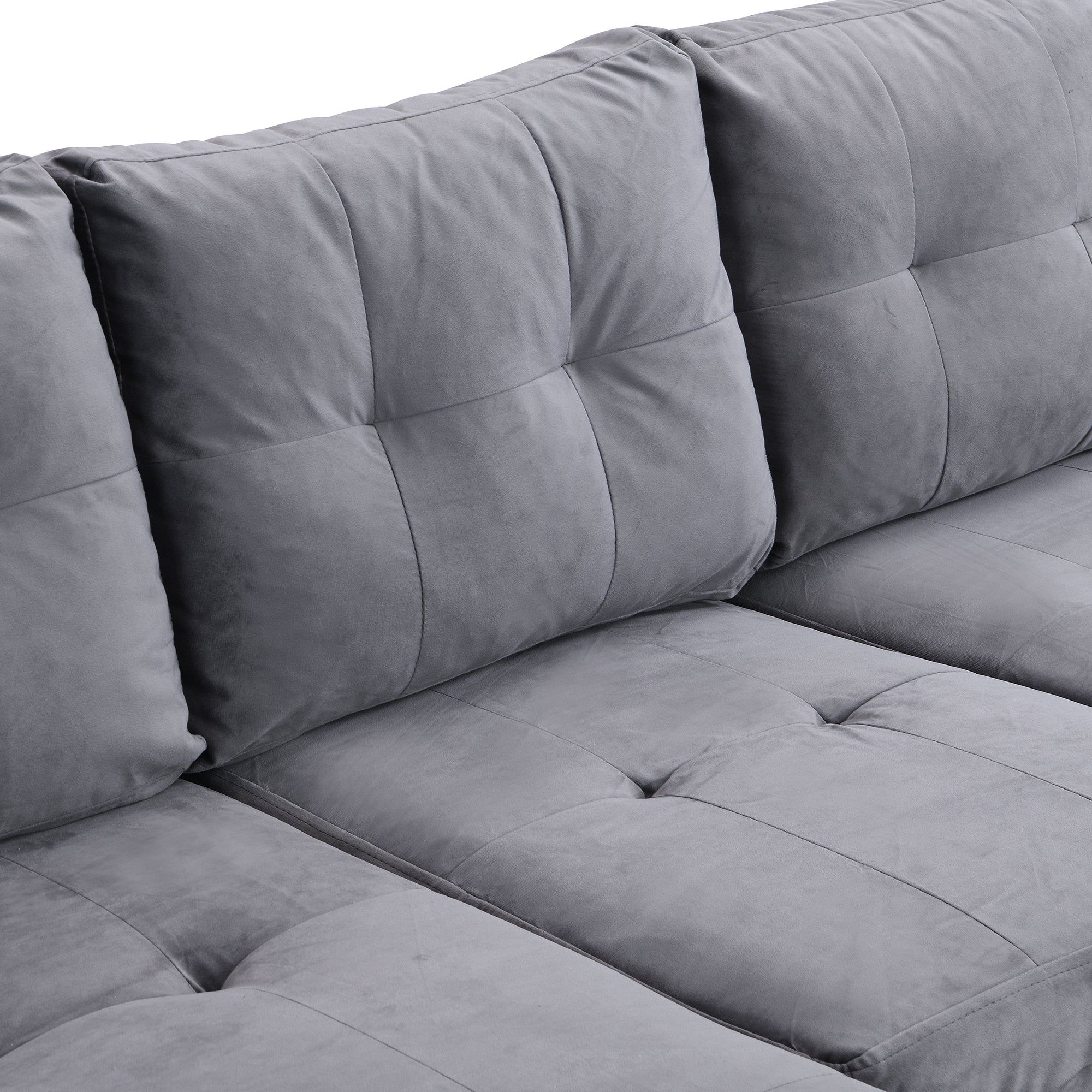 Modern Sectional Sofa Set with L Shape Chaise Lounge and Storage in Grey Velvet Fabric