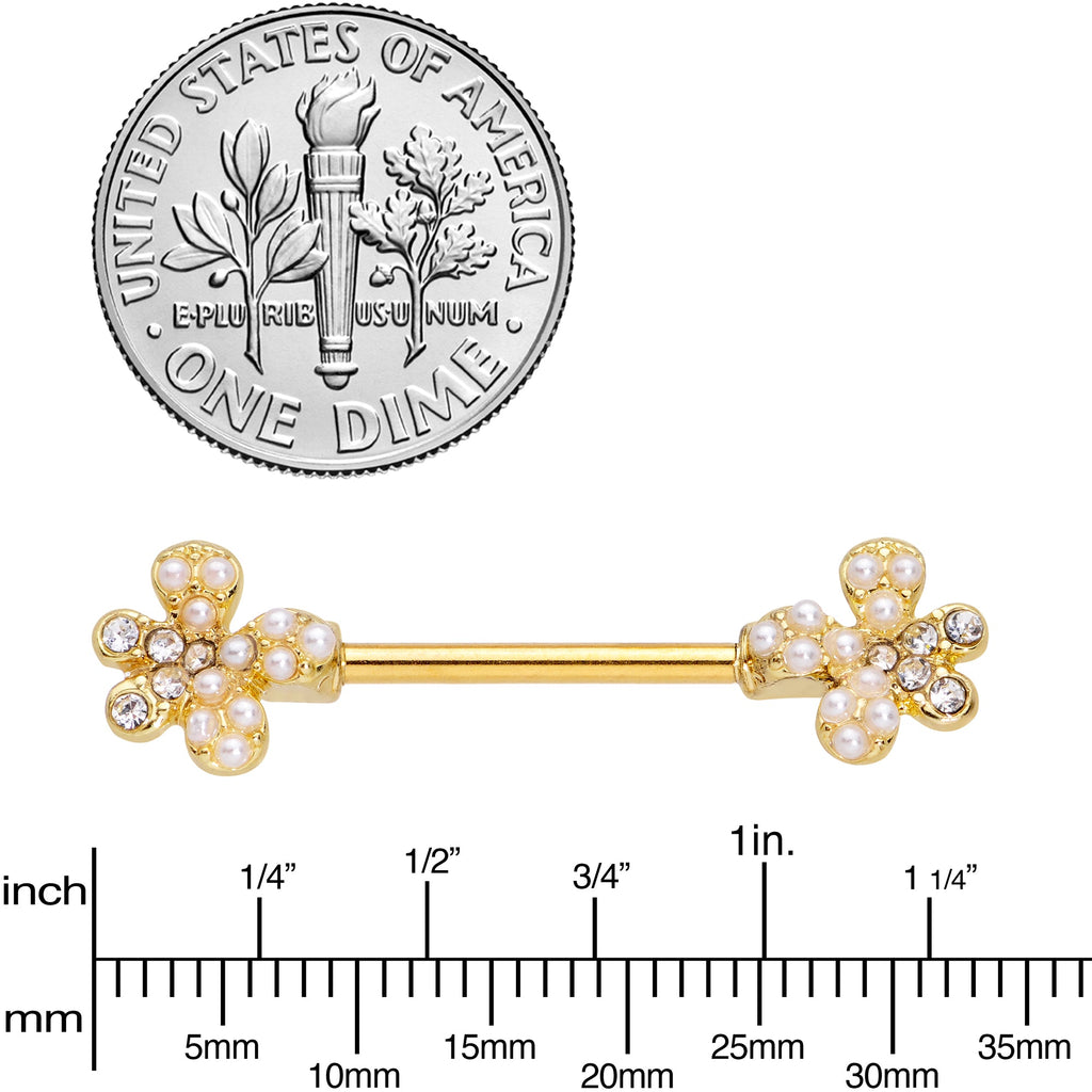 14G 9/16 Clear Gem Gold Tone Style Splat Barbell Nipple Ring Set