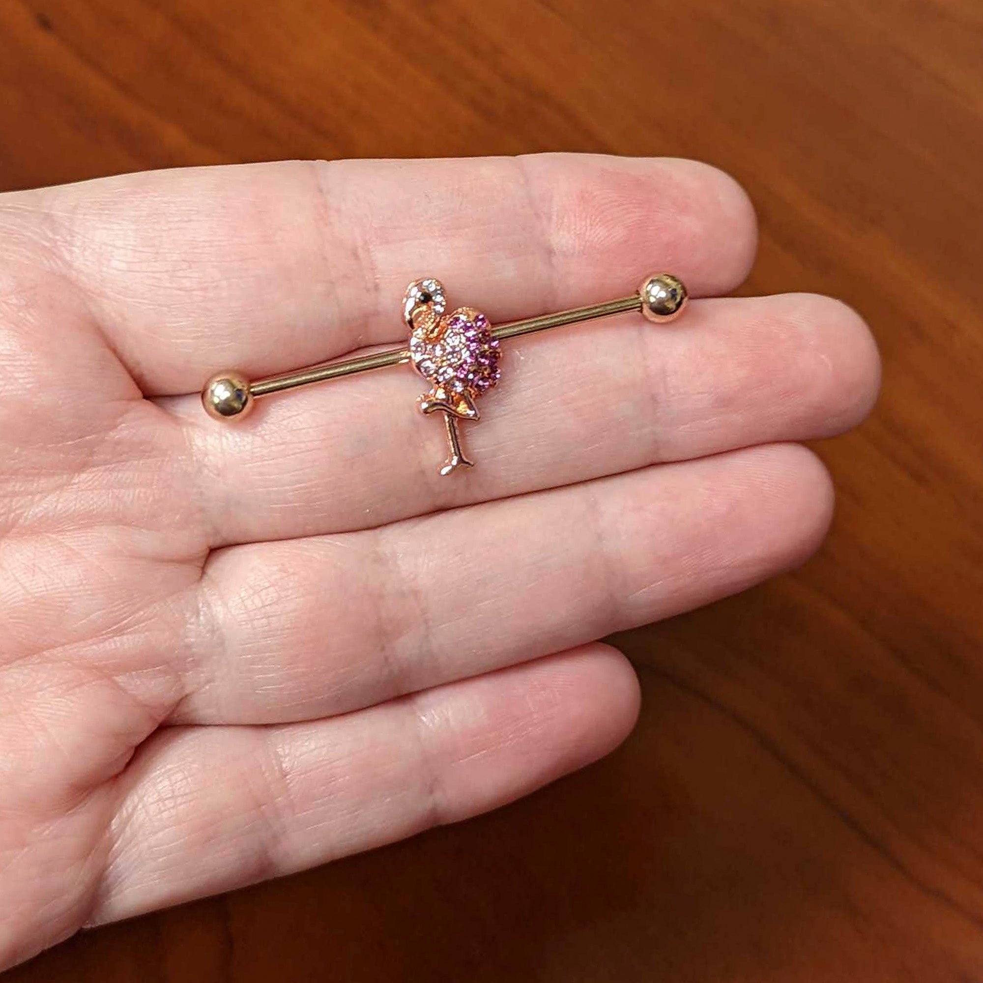 14G Pink Gem Rosy Tone Fashion Flamingo Industrial Barbell 38mm