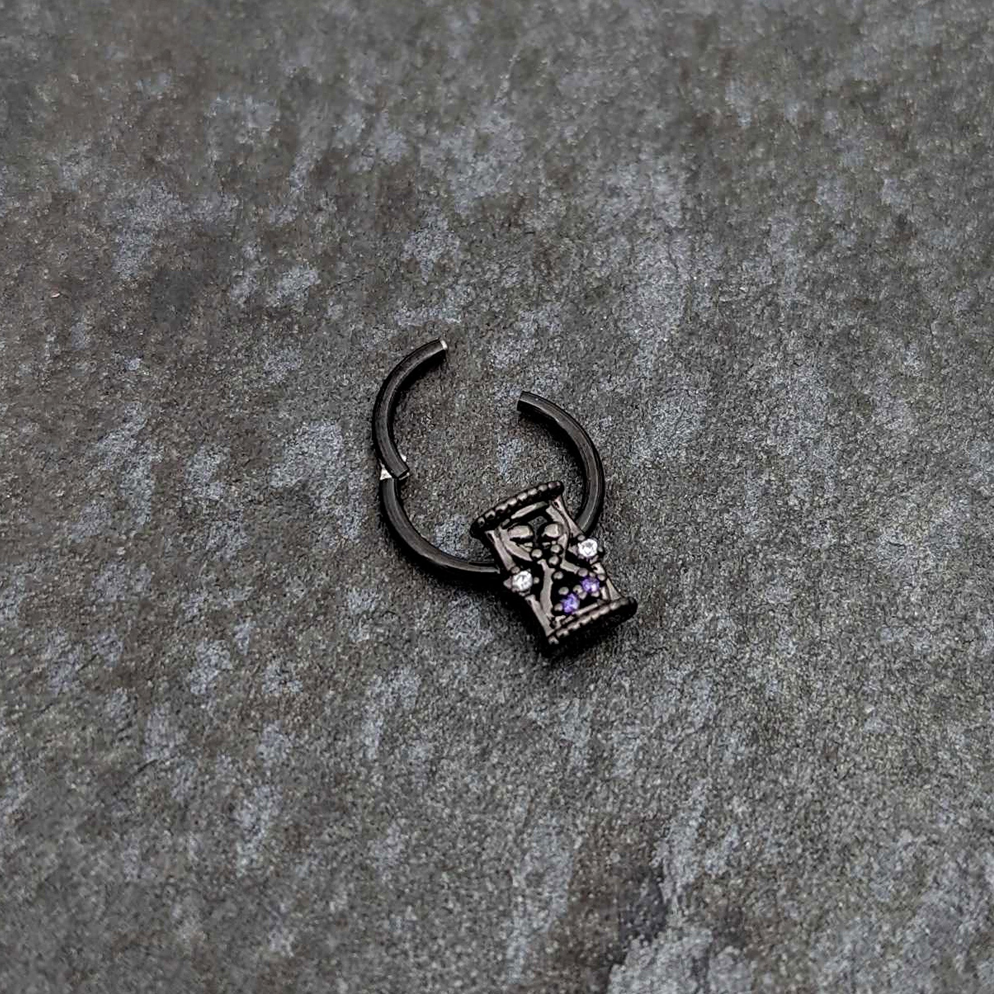 16G 3/8 Purple Gem Black Heart Goth Hourglass Hinged Segment Ring