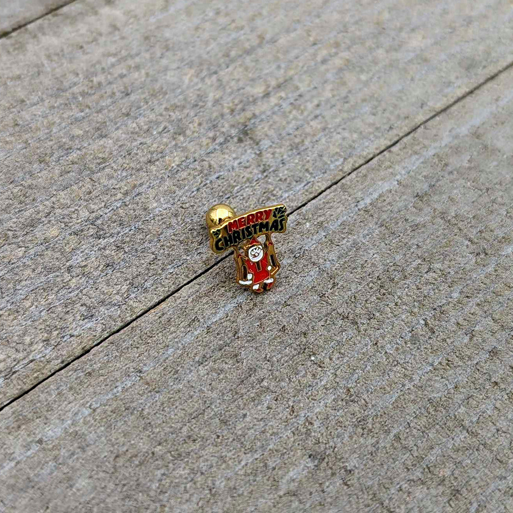 16G 1/4 Gold Tone Merry Christmas Santa Inlay Cartilage Earring